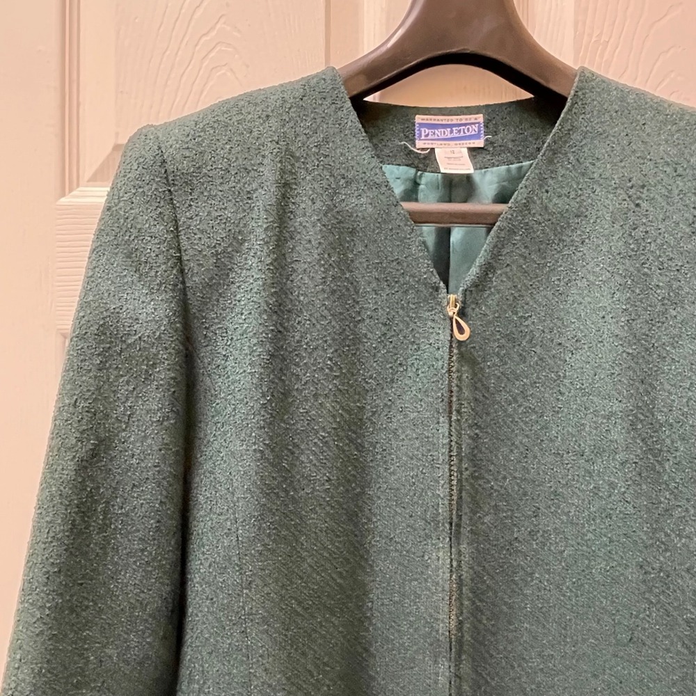 Vintage Pendleton Women's Sz 12 V-Neck Zip Wool Dark Green Textured Jacket